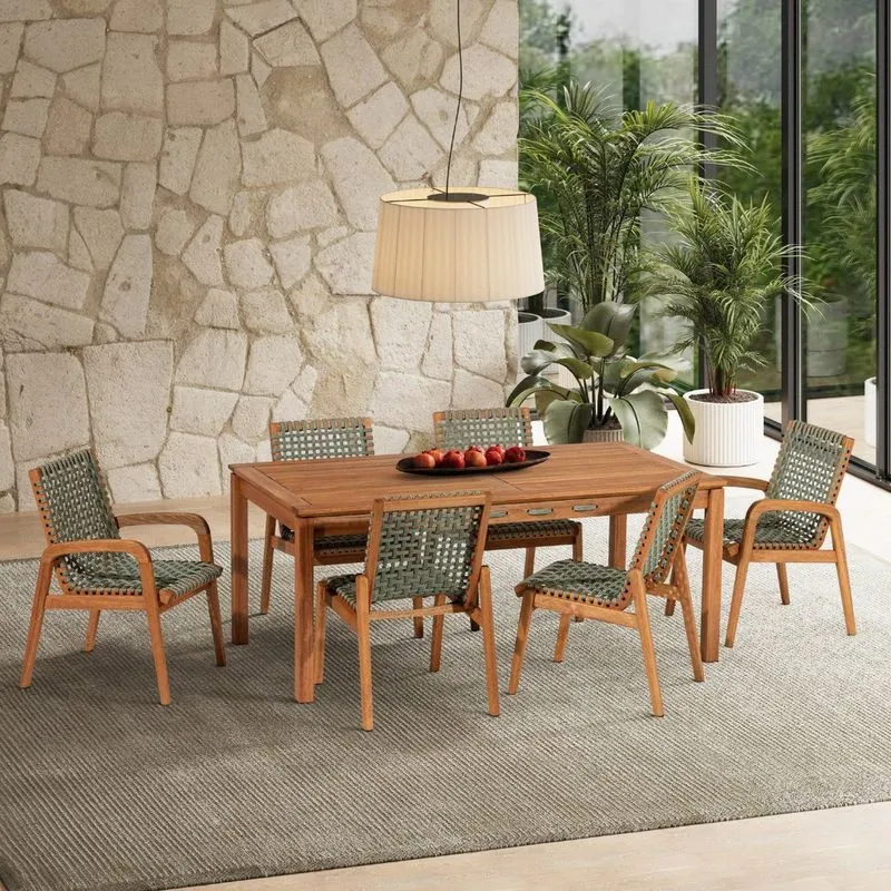 Conjunto Traço 2 Cadeiras Com Braço, 4 Cadeiras Sem Braço E 1 Mesa 180cm Corda Stain Jatobá Verde/ol Verde Oliva