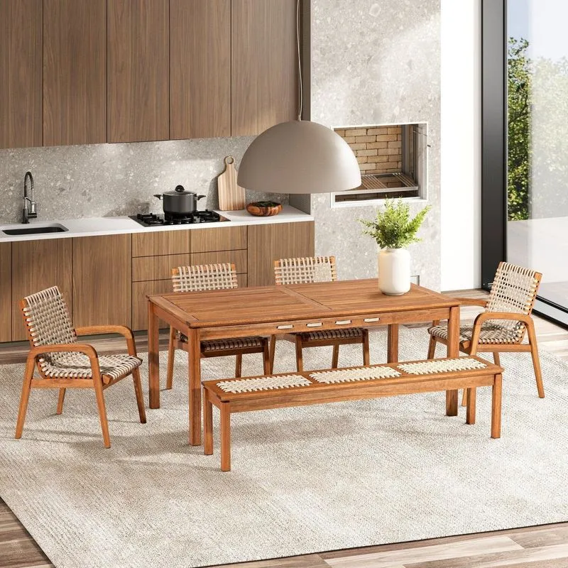 Conjunto 1 Banco 4 Cadeiras E 1 Mesa 180cm Traço Bege/stain Jatobá/corda Areia Stain Jatobá/corda Areia