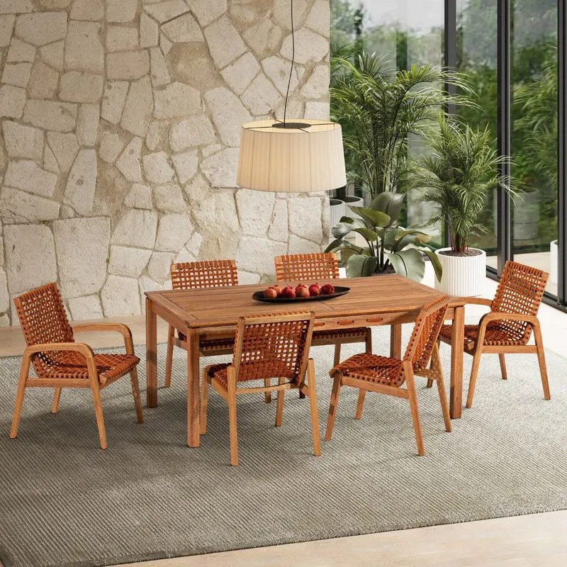 Conjunto 6 Cadeiras 1 Mesa 180cm - Varanda Coberta/área Gourmet Traço Laranja/stain Jatobá/corda Ocr Stain Jatobá/corda Ocre Laranja