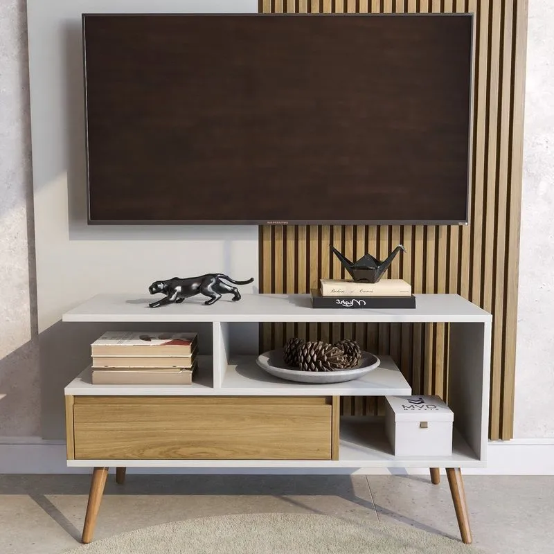 Rack Retrô Para Tv Até 55 Polegadas Mdf 90cm Pés Em Madeira Maciça Aparador Estante Com Porta Nicho Branco/freijó