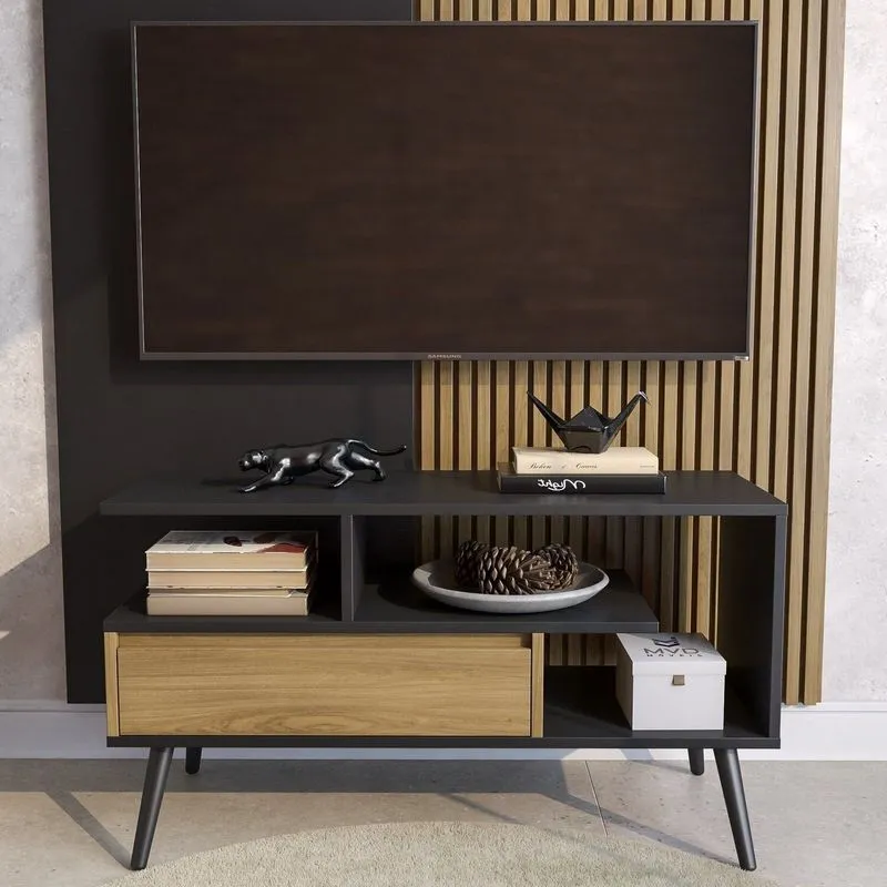 Rack Retrô Para Tv Até 55 Polegadas Mdf 90cm Pés Em Madeira Maciça Aparador Com Porta Nicho Pratelei Preto/freijó