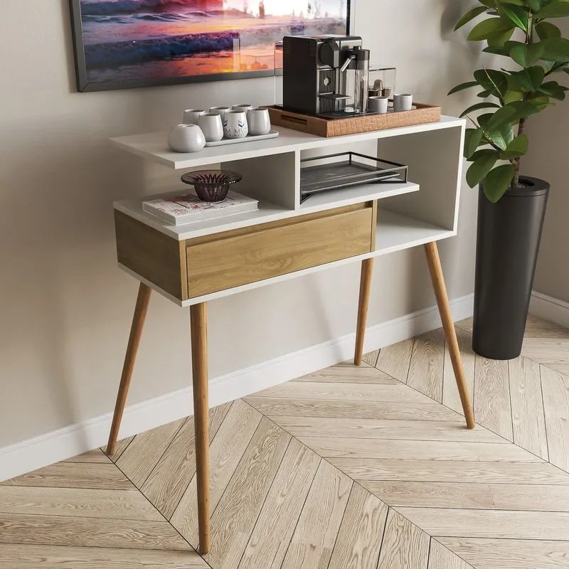 Aparador Buffet Com Porta E Nichos Para Sala Pés Palito Retro Branco/freijó Branco/freijó