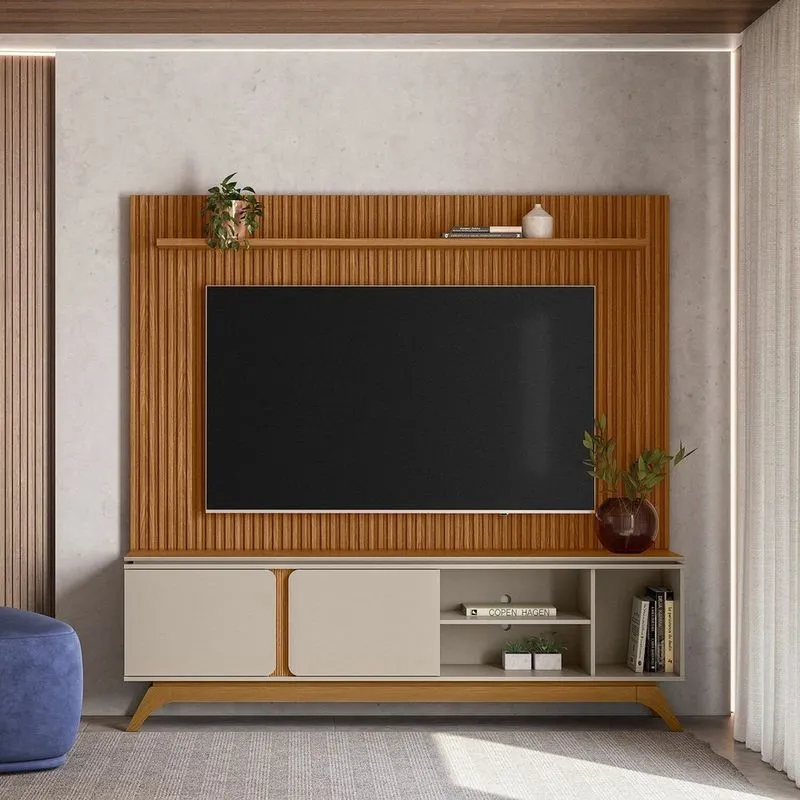 Rack Com Painel Ripado Para Tv Até 70 Polegadas Mdf 201cmx194cm Pés Em Madeira Maciça Genova 2.0 Istambul Nature/off White