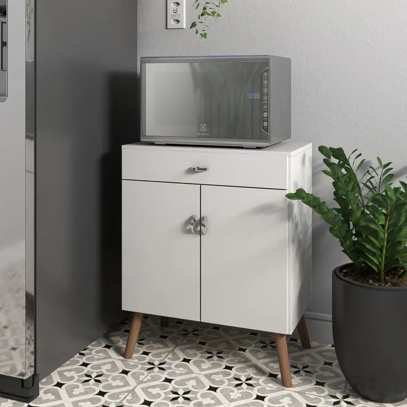 Balcão Cozinha Para Micro-ondas 2 Portas 1 Gaveta Pés Palito Mdf Branco Retrô Branco