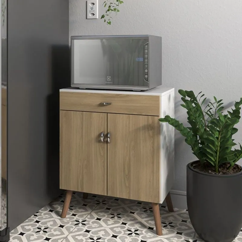 Balcão Cozinha Para Micro-ondas 2 Portas 1 Gaveta Pés Palito Mdf Branco E Freijó Retrô Feijó Branco / Feijó