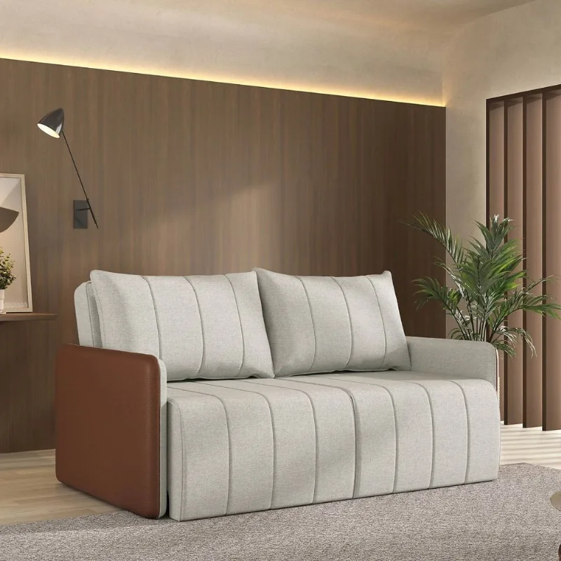 Sofá Cama Retrátil e Reclinável 3 Lugares 180cm Jequitibá CabeCasa MadeiraOriginals Caramelo/Bege