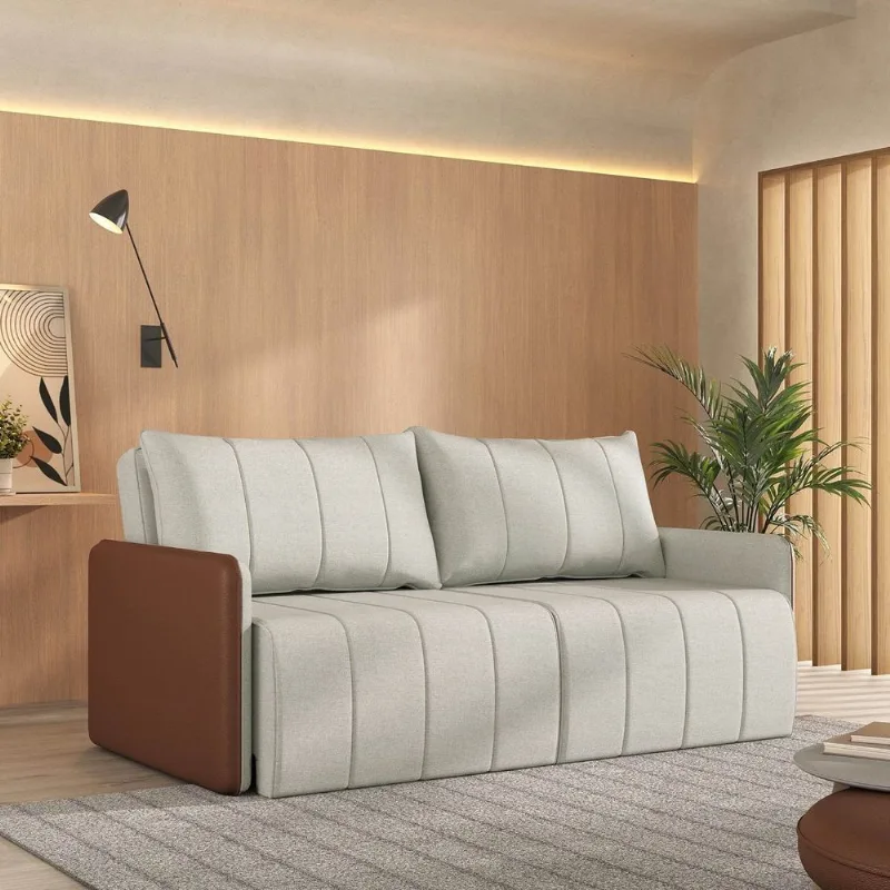 Sofá Cama Retrátil e Reclinável 3 Lugares 200cm Jequitibá CabeCasa MadeiraOriginals Caramelo/Bege