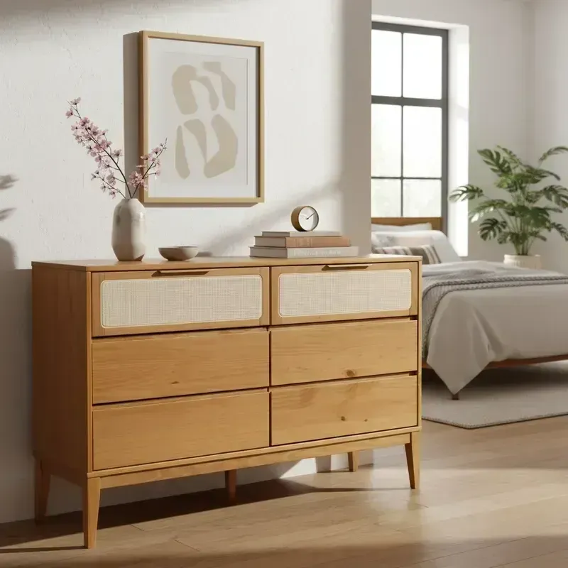 Cômoda 6 Gavetas Madeira Maciça com Telinha Rattan Viena Mel Marrom Mel