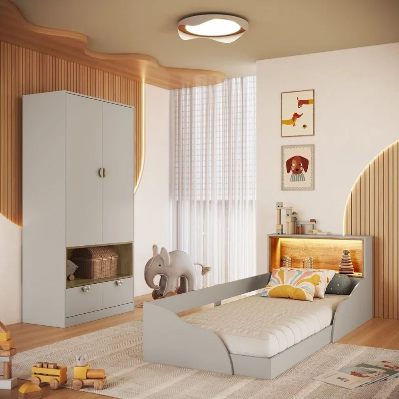 Quarto Infantil com Cama Solteiro Montessoriana com Iluminação LED e Guarda-Roupas Lille Bege/Aren Arenas