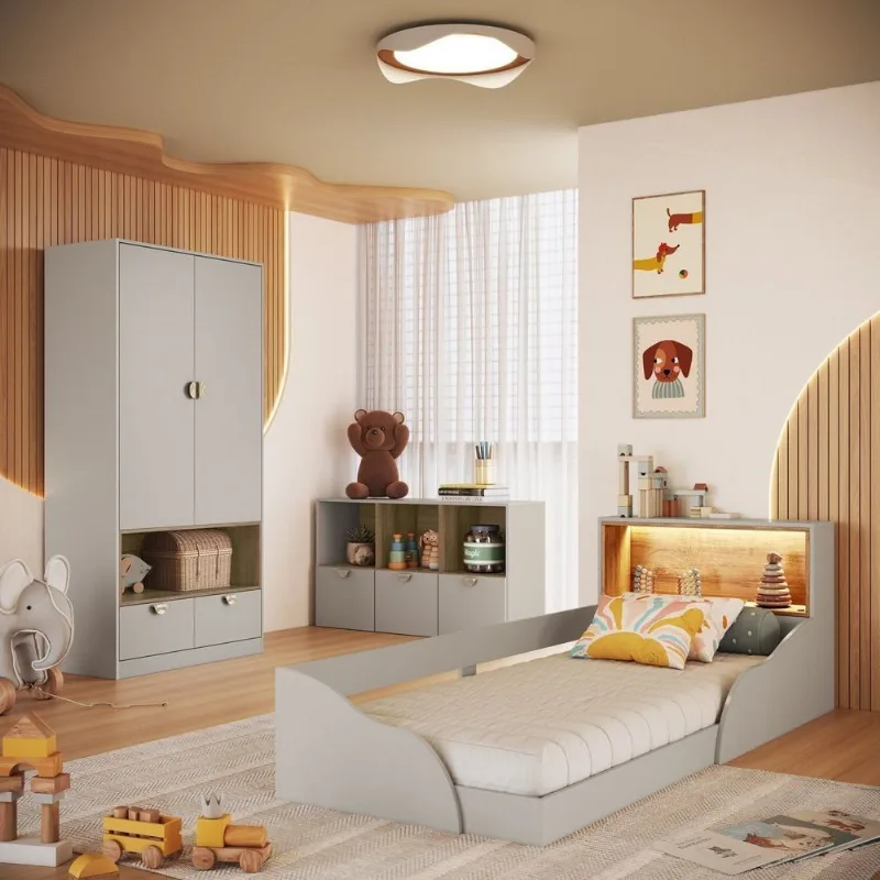 Quarto Infantil com Cama Solteiro Montessoriana com Iluminação LED, Comoda e Guarda-Roupas Bege/Ar Arenas