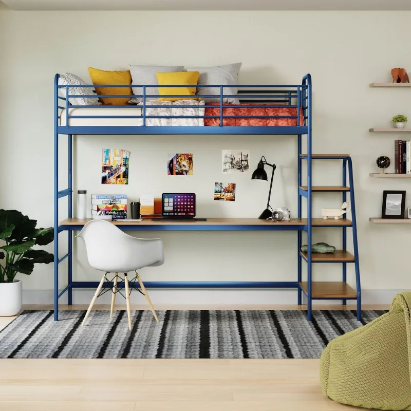 Cama Alta com Escrivaninha Multifuncional em Aço Carbono Tubular Teko Casatema Azu Azul