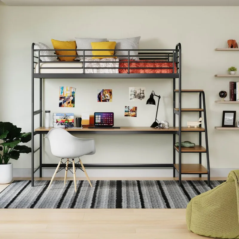 Cama Alta com Escrivaninha Multifuncional em Aço Carbono Tubular Teko Casatema Pre Preto
