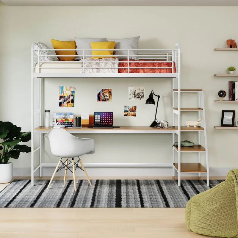 Cama Alta com Escrivaninha Multifuncional em Aço Carbono Tubular Teko Casatema Bra Branco Fosco / Álamo