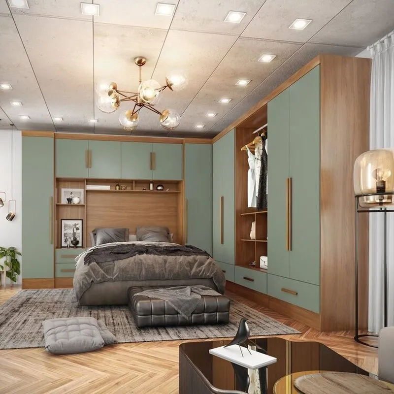 Quarto Modulado Casal Completo 6 Peças 6 Portas 5 Gavetas Com Maleiro Smart Plus Cinamomo / Verde
