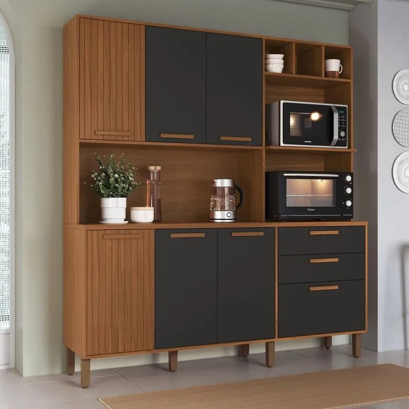 Armário De Cozinha Frisado 7 Portas 2 Gavetas 180cm Roma Marrom/freijó/cinza Freijó/cinza