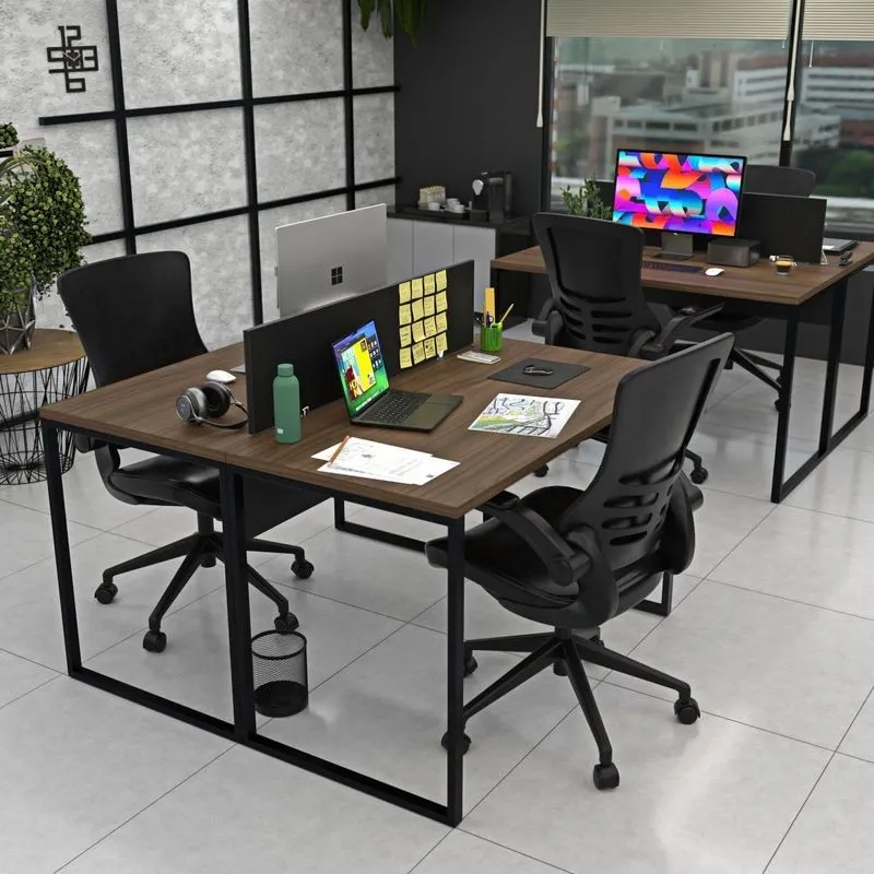 Escrivaninha Mesa Escritório 2 Lugares 120cm Industrial Nogal E Preto Marrom Nogal / Preto