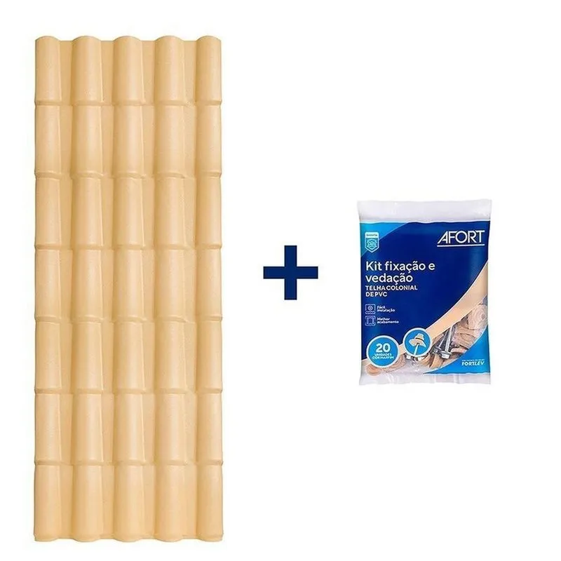Kit Com 5 Telhas De Pvc Colonial 2,62 X 0,86 X 2.0 Mm 5 Ondas Com 3 Kit Fixação E Vedação Afort Bege Bege
