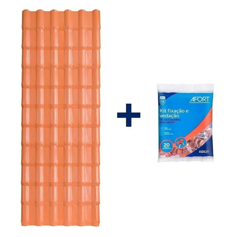 Kit 5 Telhas Plan Pvc 1,98 X 0,88 X 1,6 Mm 06 Ondas Com 4 Kit Fixação E Vedação Afort Marrom