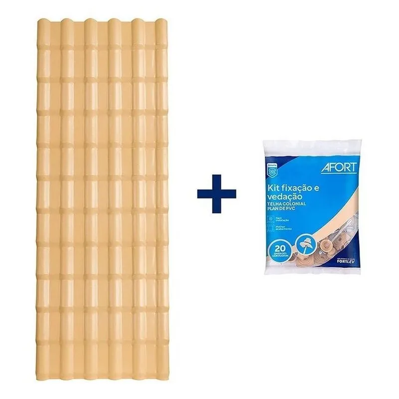 Kit Com 5 Telhas Plan Pvc 3,30x0,88 6 Ondas Com 5 Kit Fixação E Vedação afort Bege