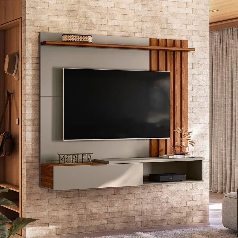 Painel Ripado Suspenso Para Tv Até 65 Polegadas Mdf 160cmx138cm Home Vegas Grigio Fosco / Cinamomo Mel