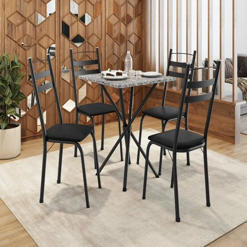 Conjunto Sala De Jantar Mesa Quadrada 70cm Tampo Granito Com 4 Cadeiras Milla Preto/ocre Preto/ocre