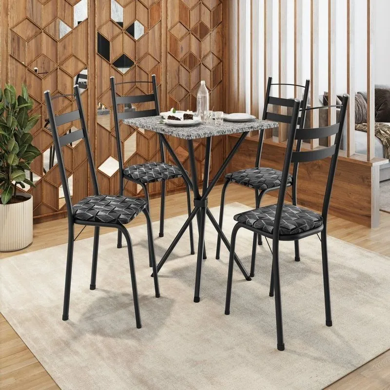 Conjunto Sala De Jantar Mesa Quadrada 70cm Tampo Granito Com 4 Cadeiras Milla Preto/silver/ocre Preto/silver/ocre