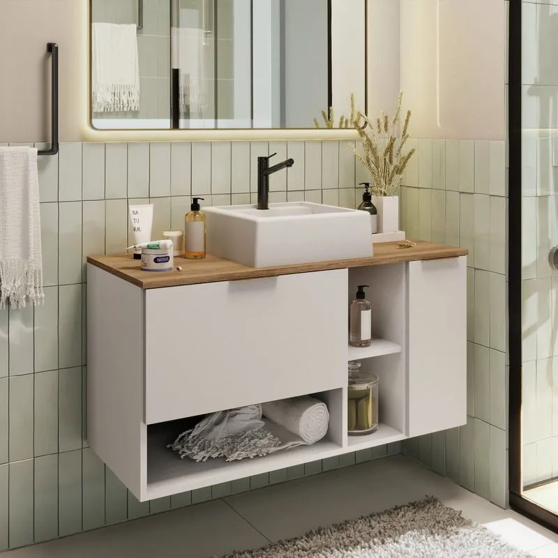 Gabinete De Banheiro Suspenso 90 Cm Ba308 2 Portas E Nichos Com Cuba Essence Yescasa Branco/mel