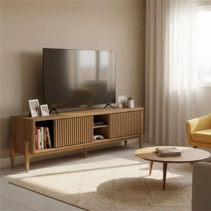 Rack Ripado Para Tv Até 65 Polegadas Mdf 180cm Pés Em Madeira Maciça 2 Portas De Correr Sereno Marro Cedro