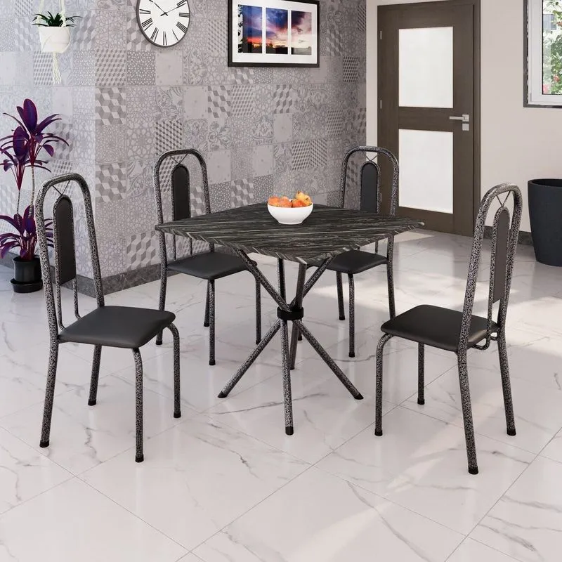 Conjunto Sala De Jantar Com 4 Cadeiras Lívia Prata/preto Preto/prata