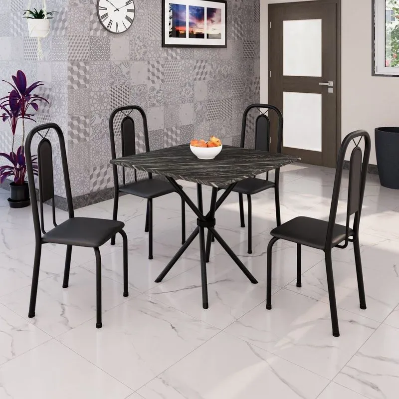 Conjunto Sala De Jantar Mesa Tampo Escuro E 4 Cadeiras Lívia Preto Preto