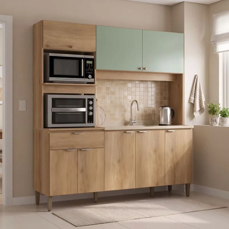 Cozinha Compacta 3 Peças Com Torre Quente E Balcão Sem Tampo Flórida Yescasa Cappuccino/verde Menta Capuccino/menta