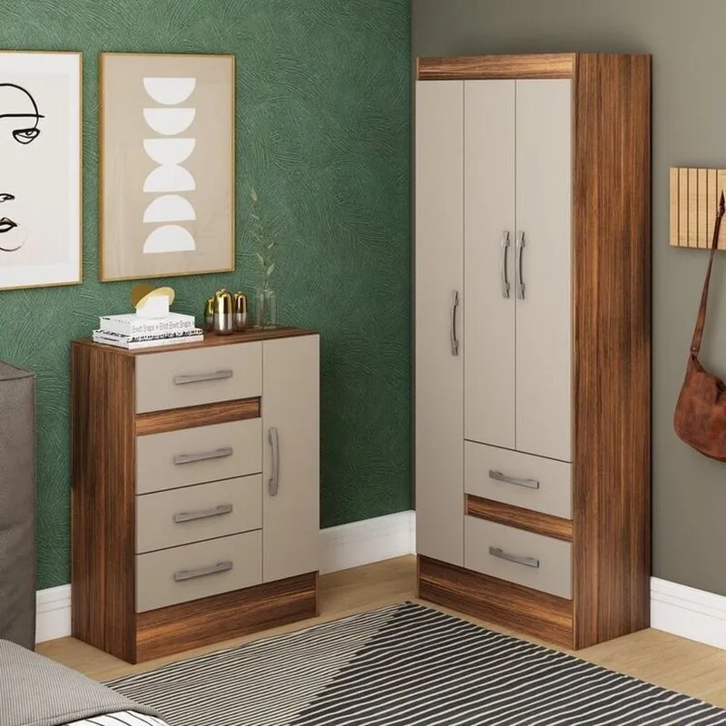 Quarto Completo Com Guarda-roupa 3 Portas 2 Gavetas E Cômoda 4 Gavetas E 1 Porta Colorido/castanho/off-white Castanho/off-white