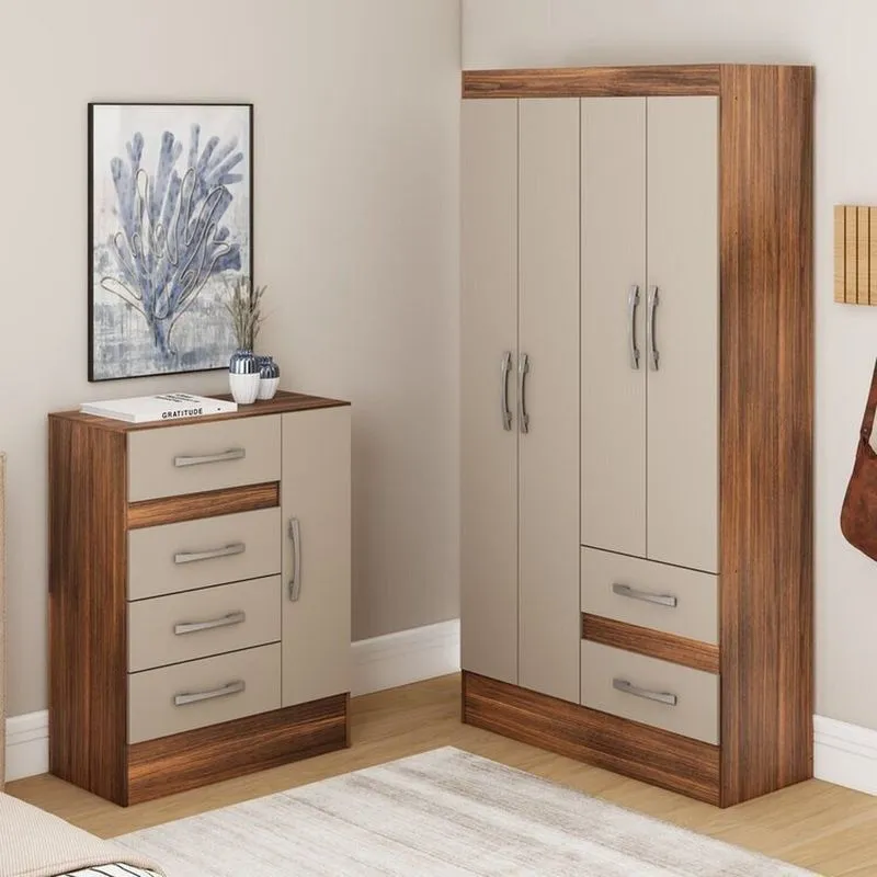 Quarto Completo Com Guarda-roupa 4 Portas E 2 Gavetas E Cômoda 4 Gavetas E 1 Porta Colorido/castanho/off-white Castanho/off-white