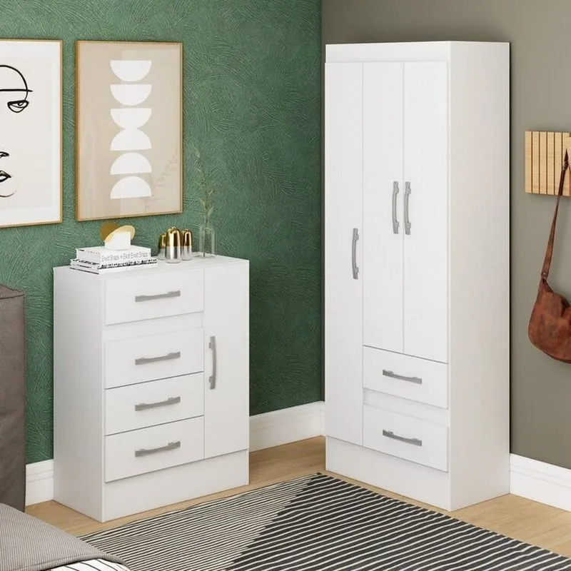 Quarto Completo Com Guarda-roupa 3 Portas E 2 Gavetas E Cômoda 4 Gavetas 1 Porta Branco Branco
