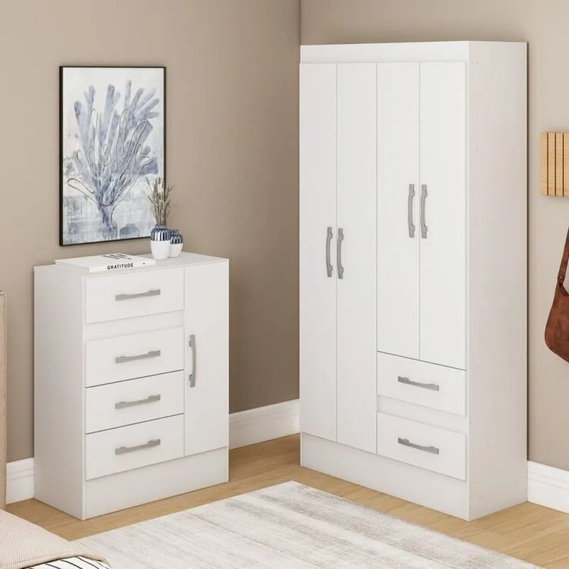 Guarda-roupa 4 Portas E 2 Gavetas Com Cômoda 4 Gavetas E 1 Porta Branco Branco
