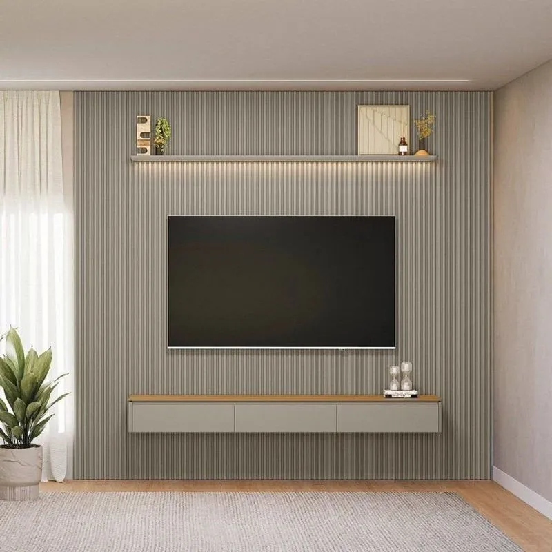 Painel Ripado Para Tv Até 80 Polegadas Com Led Mdf 297cmx250cm Modular Cinza Tauari/gris Fosco Tauari /gris Fosco