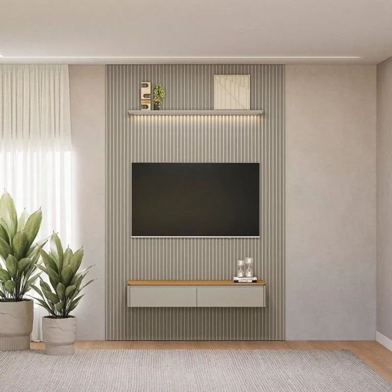 Painel Ripado Para Tv Até 75 Polegadas Com Led Mdf 180cmx250cm Modular Tauari /gris Fosco