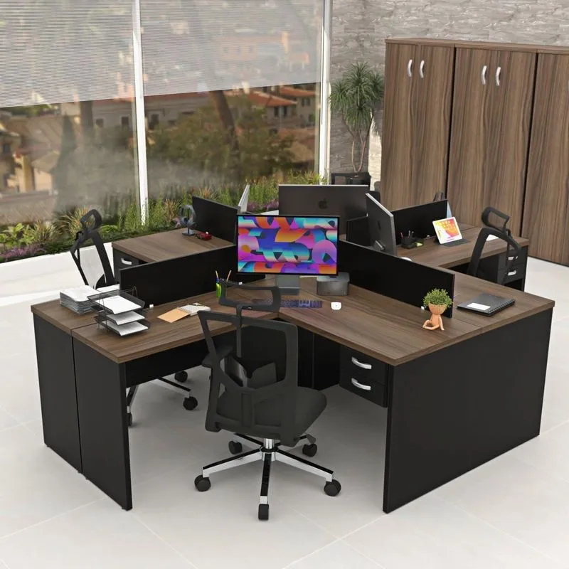 Conjunto Escrivaninha Mesa De Canto Em L Ilha 4 Lugares Office Nogal E Preto Marrom Nogal / Preto