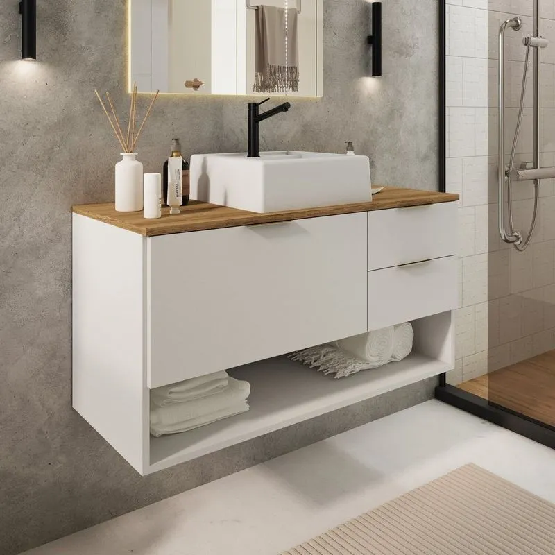 Gabinete De Banheiro Suspenso 90 Cm Ba307 Com Cuba Artemis Yescasa Branco/mel