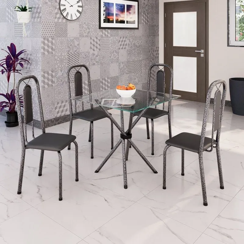 Conjunto Sala De Jantar Com 4 Cadeiras Lívia Prata/preto Preto/prata