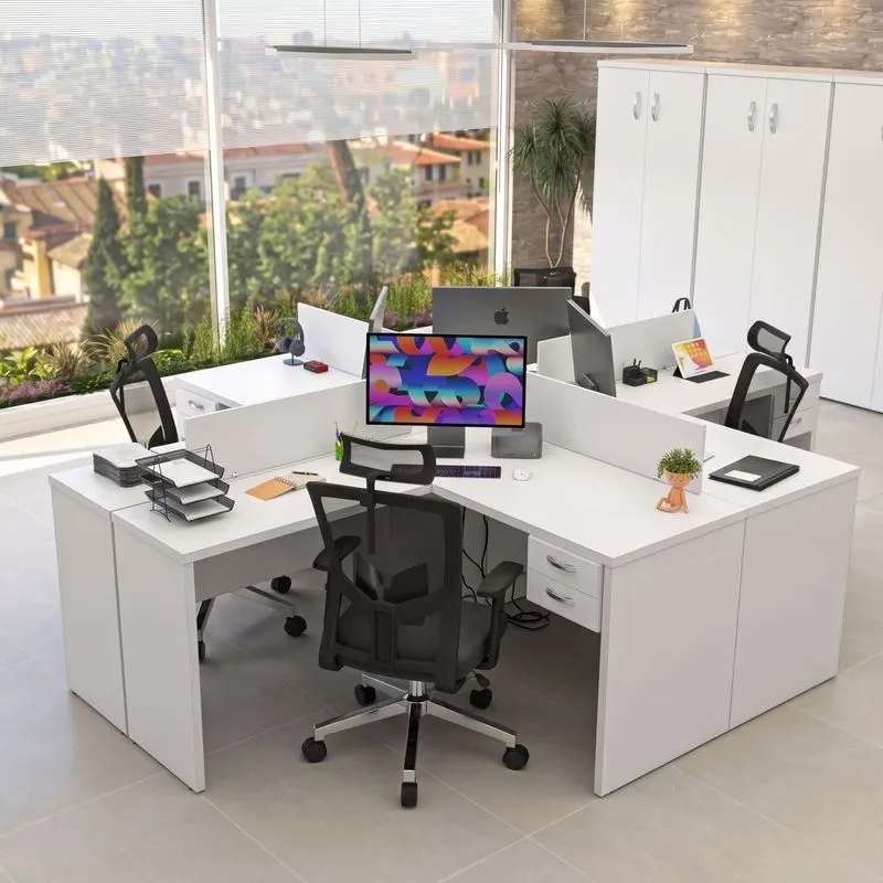 Conjunto Escrivaninha Mesa De Canto Em L Ilha 4 Lugares Office Branco Branco