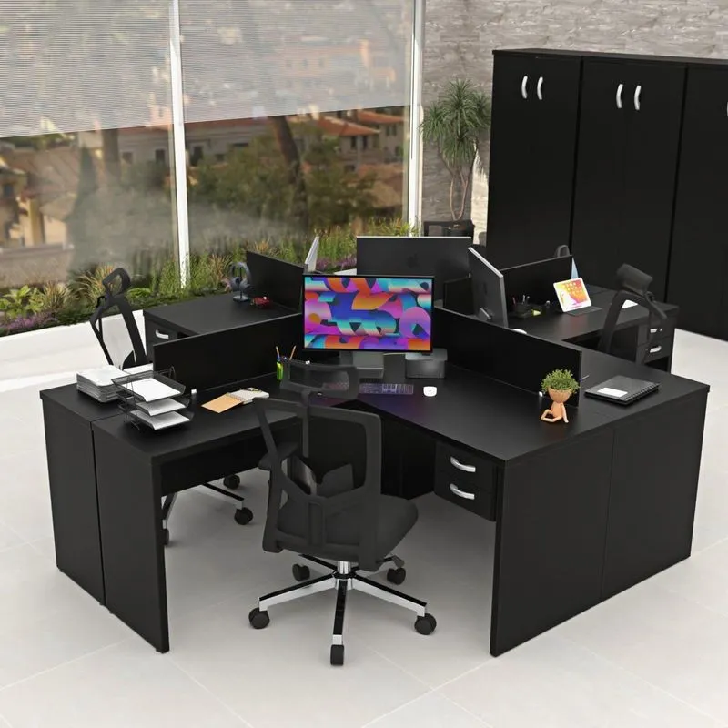 Conjunto Escrivaninha Mesa De Canto Em L Ilha 4 Lugares Office Preto Preto