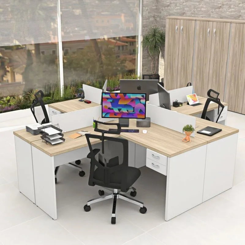 Conjunto Escrivaninha Mesa De Canto Em L Ilha 4 Lugares Office Carvalho E Branco Bege Carvalho / Branco