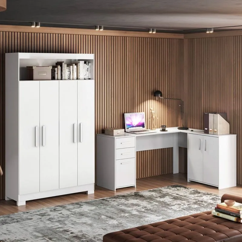Conjunto Para Escritório Com 1 Mesa De Canto E Armário Multiuso 4 Portas Com Nicho Branco Branco