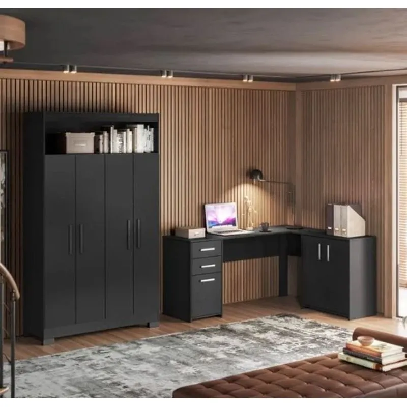 Conjunto Para Escritório Com 1 Mesa De Canto E Armário Multiuso 4 Portas Com Nicho Preto Tx Preto Tx