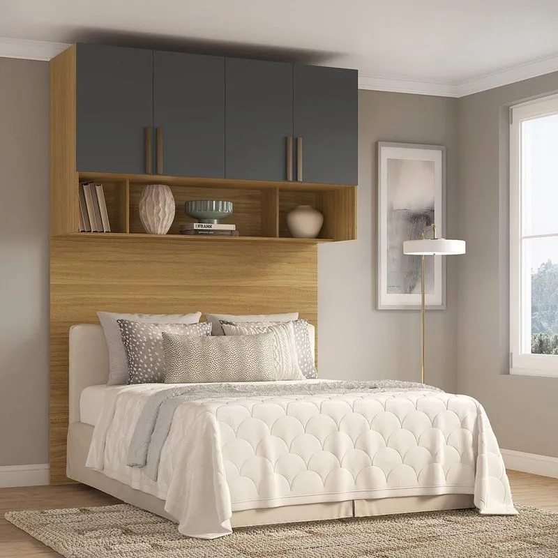 Ponte Modulada Cabeceira Aérea Casal 4 Portas 150cm 100% Mdf Trend Altezza Freijó/titânio