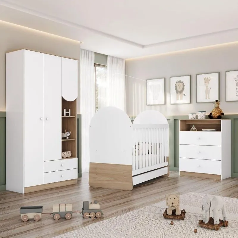 Quarto De Bebê Completo Com Berço 3 Em 1 Cômoda E Guarda-roupa Magia Branco/jequitibá