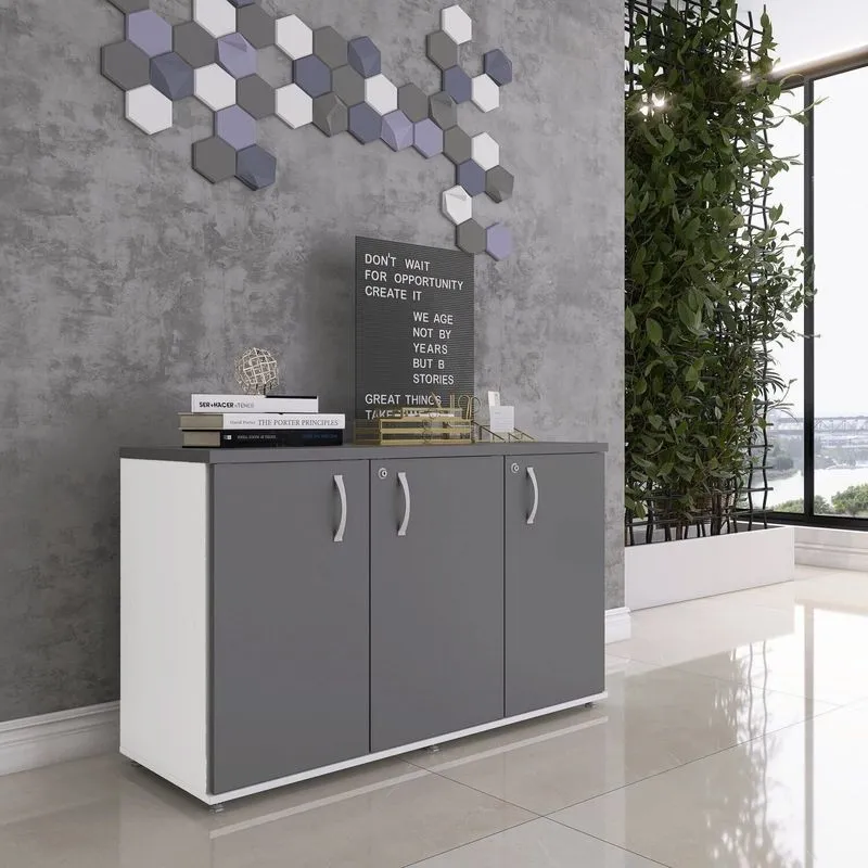 Armário Para Escritório 3 Portas Pivotantes Credenza Cinza/branco/grafito Branco/grafito