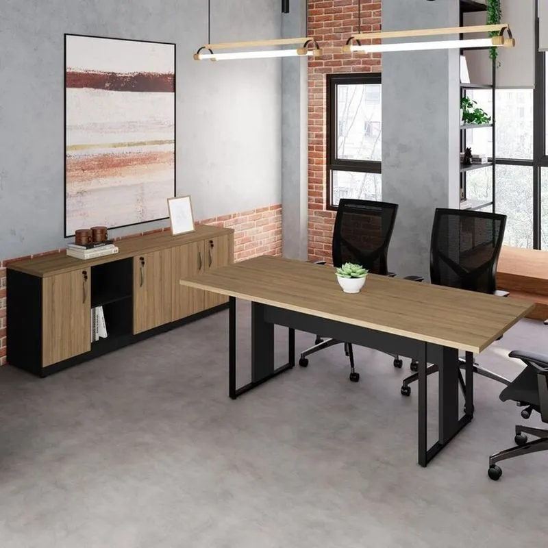 Conjunto Para Escritório Com Mesa De Reunião 6 Lugares E 2 Armários Baixos Com Chave Espresso Móveis Macadâmia Preto Marrom Macadâmia/preto