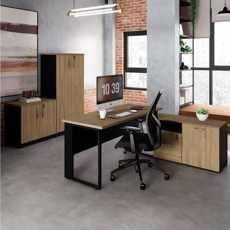 Conjunto Para Escritório Com Mesa Diretor Em L, 1 Armário Alto E 1 Baixo Espresso Móveis Macadâmia Preto Marrom Macadâmia/preto